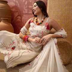 Pure Cotton Embroidered Shoulder Strap Kurta Set with Pant & Dupatta