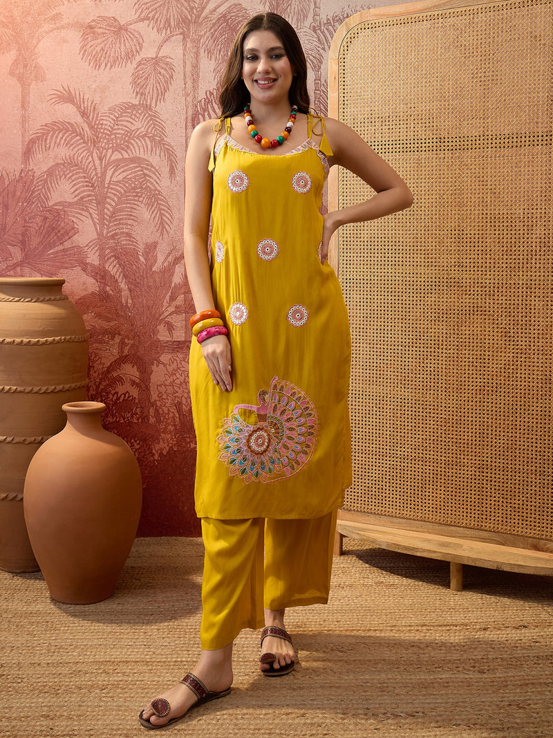 Rani Embroidered Shoulder Straps Straight Kurta With Trouser & Dupatta Kurta Set