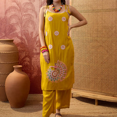 Rani Embroidered Shoulder Straps Straight Kurta With Trouser & Dupatta Kurta Set