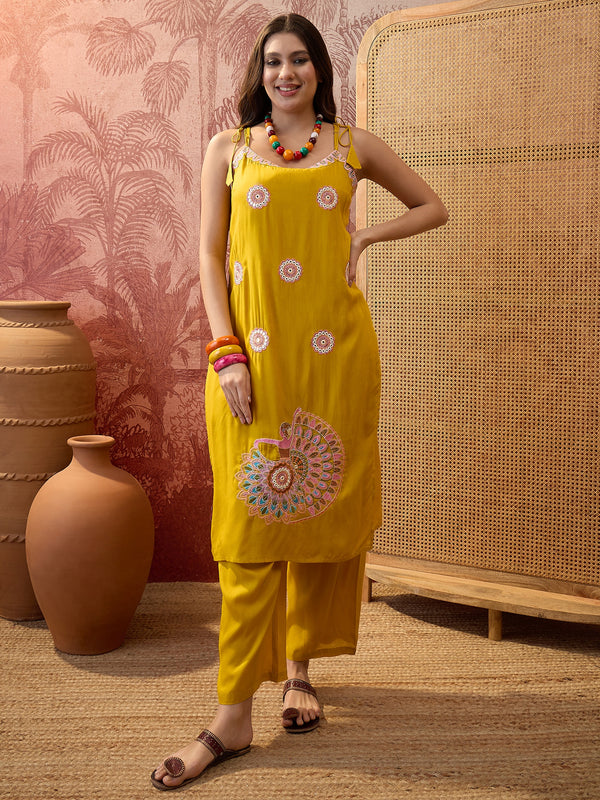 Mustard Embroidered Shoulder Straps Straight Kurta With Trouser & Dupatta Kurta Set
