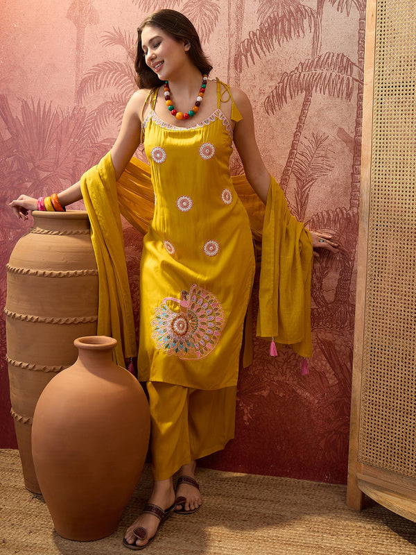 Mustard Embroidered Shoulder Straps Straight Kurta With Trouser & Dupatta Kurta Set