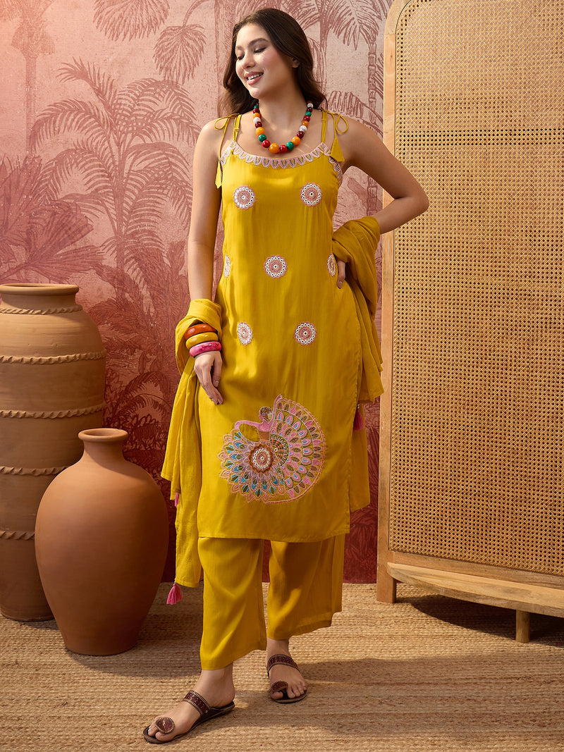 Rani Embroidered Shoulder Straps Straight Kurta With Trouser & Dupatta Kurta Set