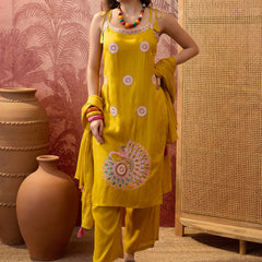 Rani Embroidered Shoulder Straps Straight Kurta With Trouser & Dupatta Kurta Set