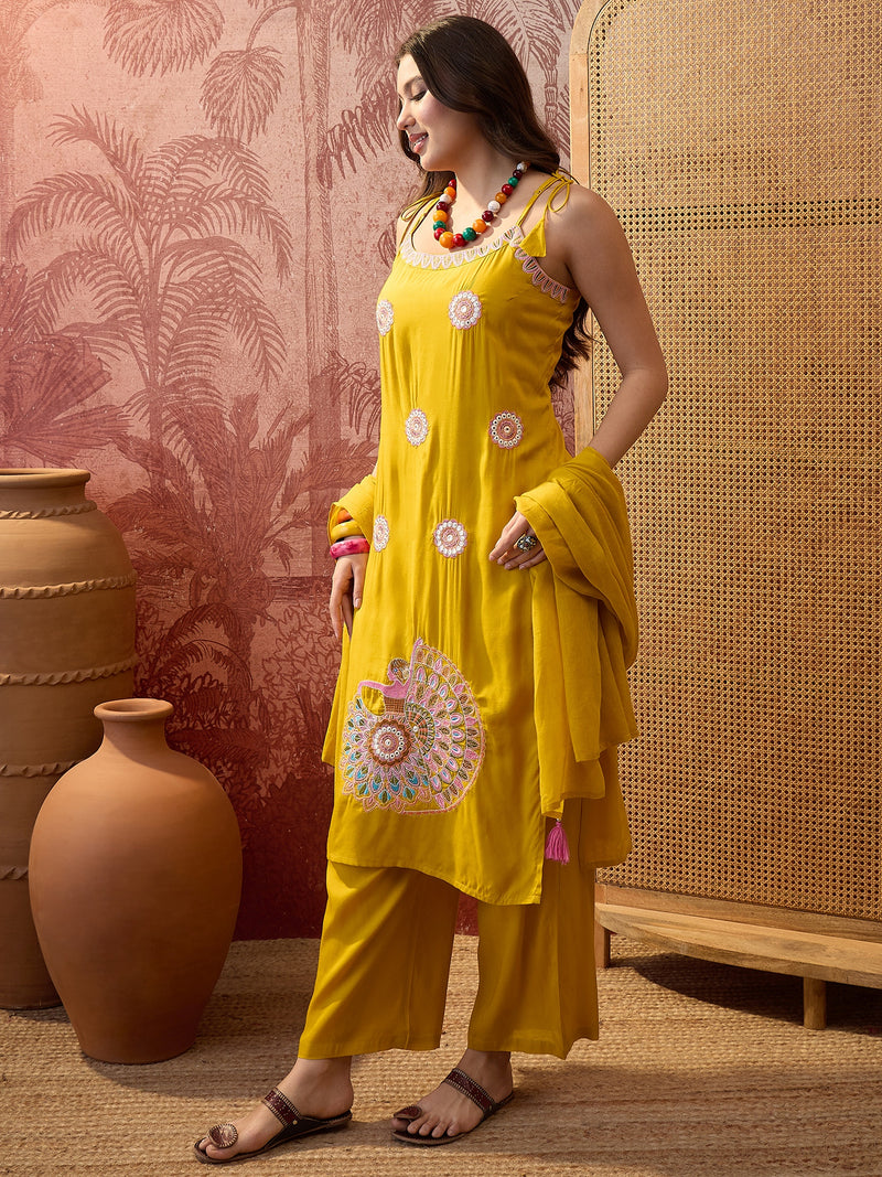 Rani Embroidered Shoulder Straps Straight Kurta With Trouser & Dupatta Kurta Set