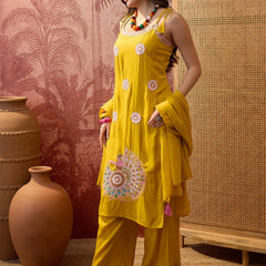 Rani Embroidered Shoulder Straps Straight Kurta With Trouser & Dupatta Kurta Set