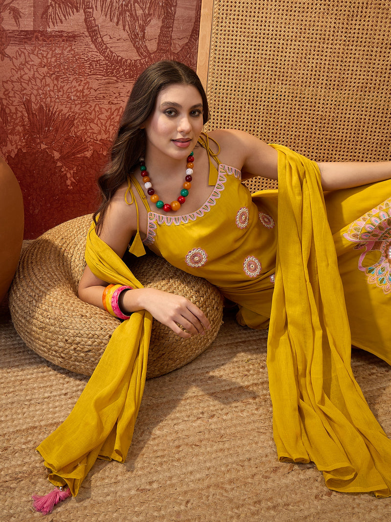Rani Embroidered Shoulder Straps Straight Kurta With Trouser & Dupatta Kurta Set