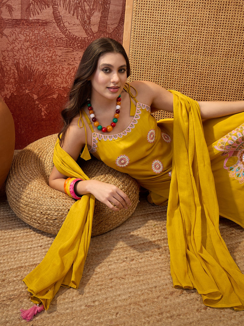 Mustard Embroidered Shoulder Straps Straight Kurta With Trouser & Dupatta Kurta Set