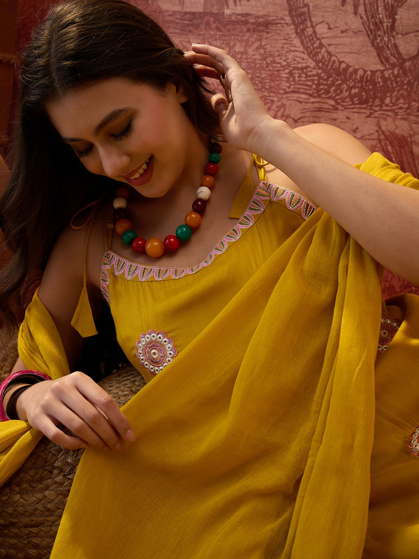 Mustard Embroidered Shoulder Straps Straight Kurta With Trouser & Dupatta Kurta Set