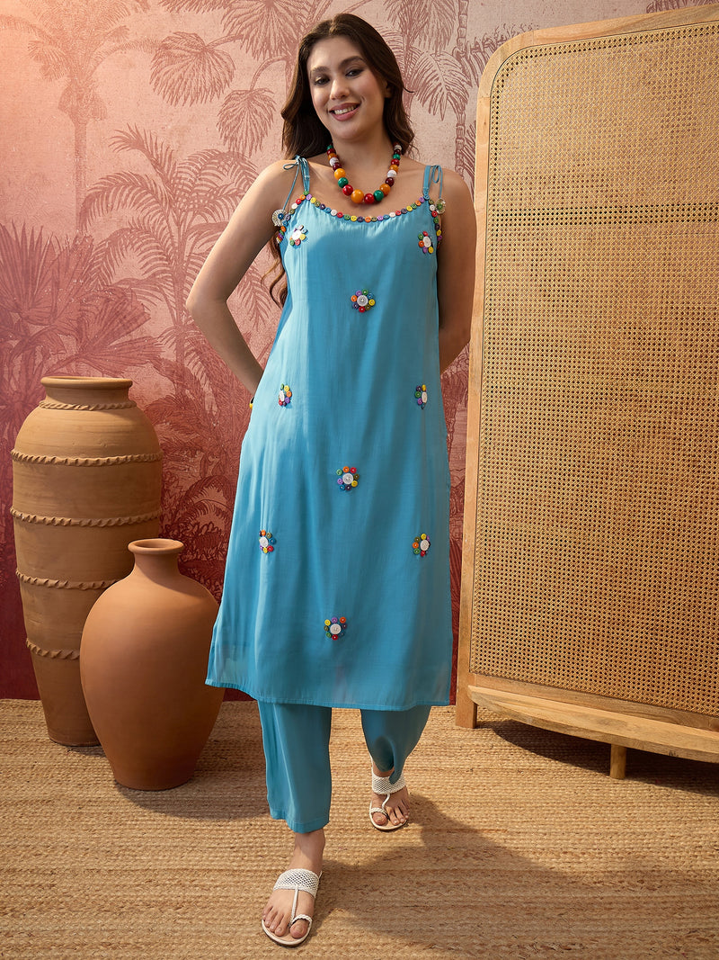 Firozi Shoulder Straps Straight  Kurta With Trouser & Dupatta Kurta Set