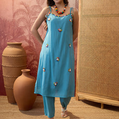 Firozi Shoulder Straps Straight  Kurta With Trouser & Dupatta Kurta Set