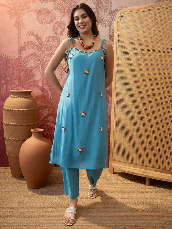 Firozi Shoulder Straps Straight  Kurta With Trouser & Dupatta Kurta Set