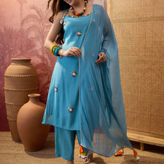 Firozi Shoulder Straps Straight  Kurta With Trouser & Dupatta Kurta Set