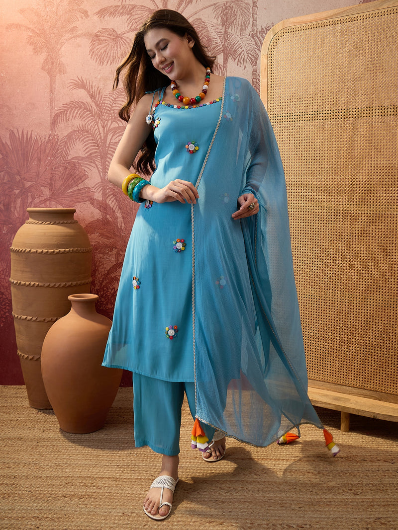 Firozi Shoulder Straps Straight  Kurta With Trouser & Dupatta Kurta Set
