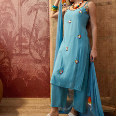 Firozi Shoulder Straps Straight  Kurta With Trouser & Dupatta Kurta Set
