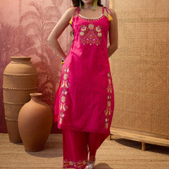 Mustard Embroidered Shoulder Straps Straight Kurta With Trouser & Dupatta Kurta Set