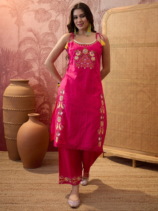 Rani Embroidered Shoulder Straps Straight Kurta With Trouser & Dupatta Kurta Set