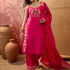 Mustard Embroidered Shoulder Straps Straight Kurta With Trouser & Dupatta Kurta Set