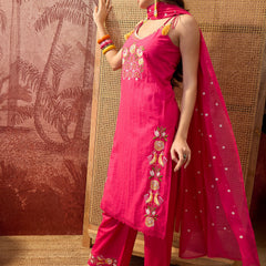 Mustard Embroidered Shoulder Straps Straight Kurta With Trouser & Dupatta Kurta Set