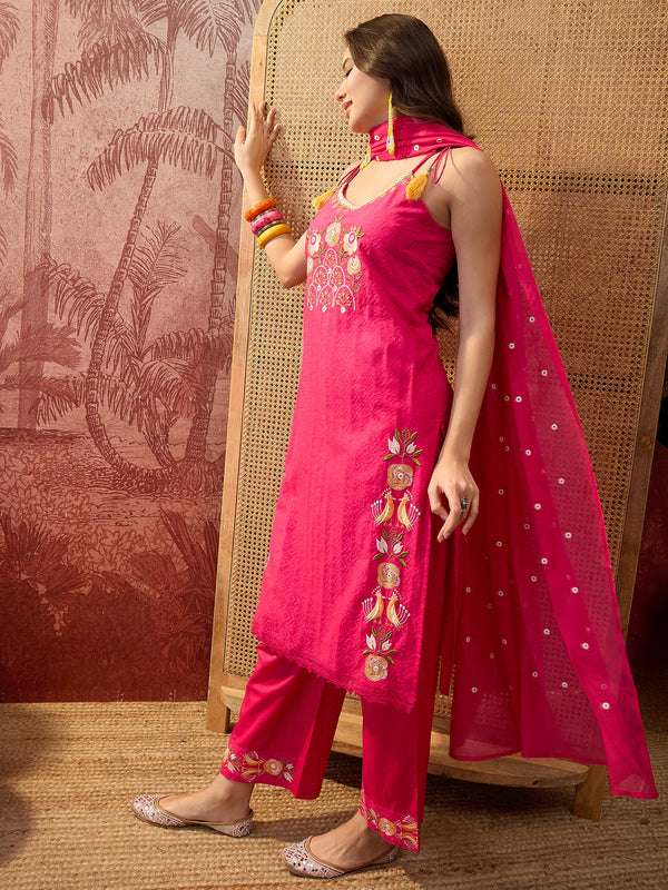 Rani Embroidered Shoulder Straps Straight Kurta With Trouser & Dupatta Kurta Set