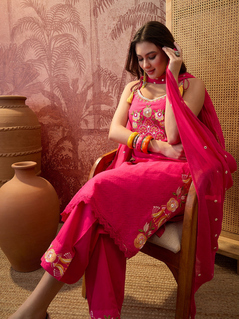 Mustard Embroidered Shoulder Straps Straight Kurta With Trouser & Dupatta Kurta Set