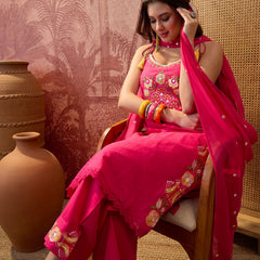 Mustard Embroidered Shoulder Straps Straight Kurta With Trouser & Dupatta Kurta Set