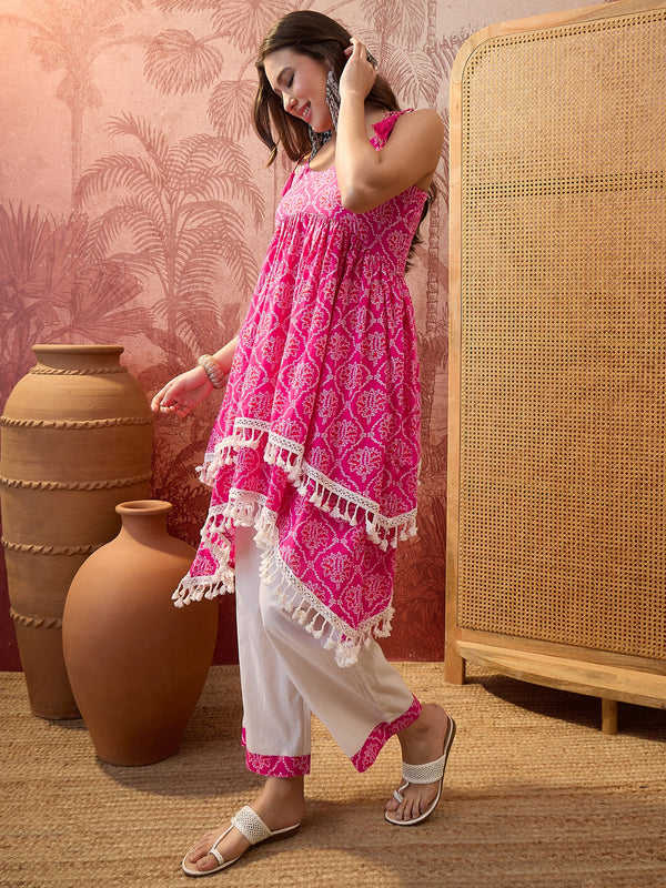 Bhandhej Print Shoulder Straps A-Line Kurta With Palazzo Kurta Set