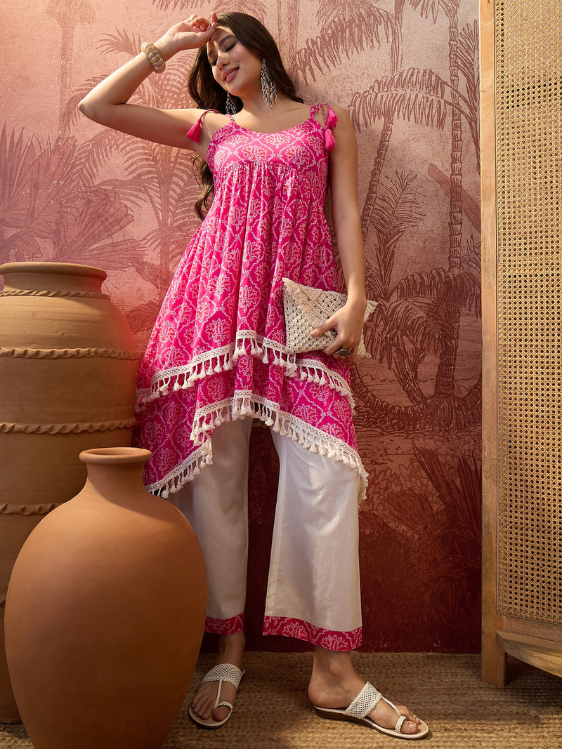 Rust Printed Shoulder Straps A-Line Kurta With Palazzo Kurta Set