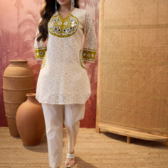 Cotton Schiffle & Mirror Work Tunic With Trouser Co-Ords Set