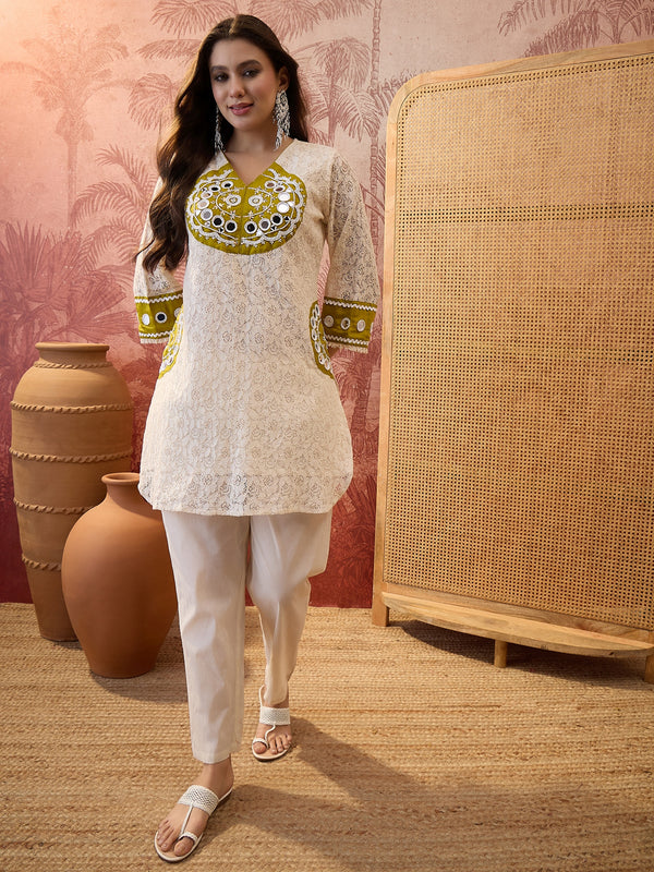 Cotton Schiffle & Mirror Work Tunic With Trouser Co-Ords Set