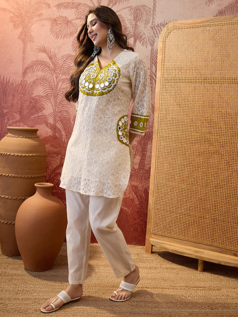 Cotton Schiffle & Mirror Work Tunic With Trouser Co-Ords Set