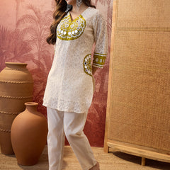 Cotton Schiffle & Mirror Work Tunic With Trouser Co-Ords Set