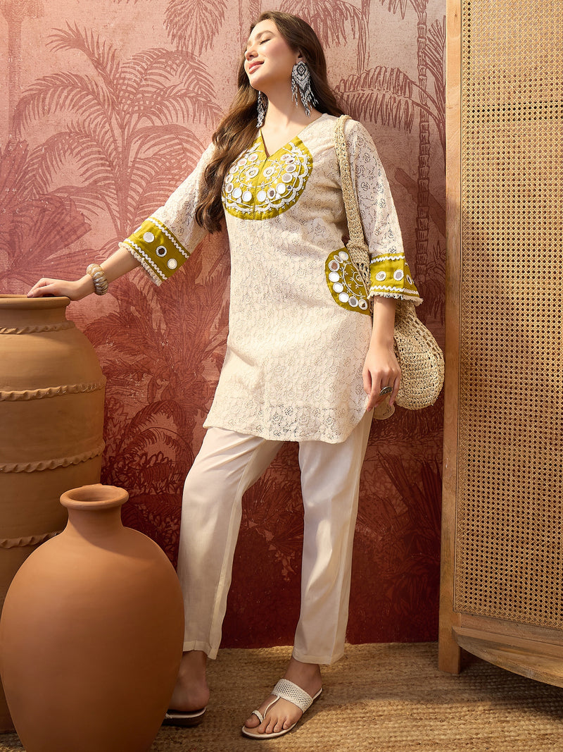 Cotton Schiffle & Mirror Work Tunic With Trouser Co-Ords Set