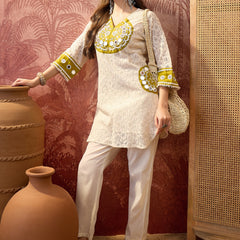 Cotton Schiffle & Mirror Work Tunic With Trouser Co-Ords Set