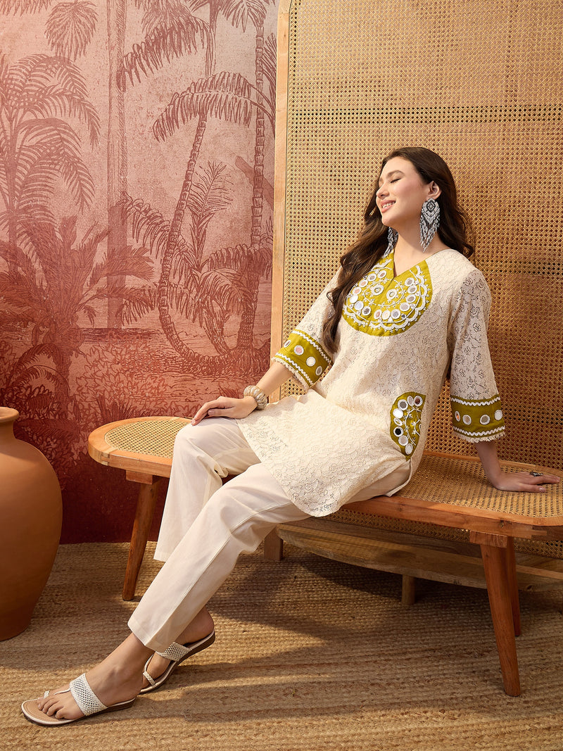 Cotton Schiffle & Mirror Work Tunic With Trouser Co-Ords Set