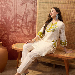 Cotton Schiffle & Mirror Work Tunic With Trouser Co-Ords Set
