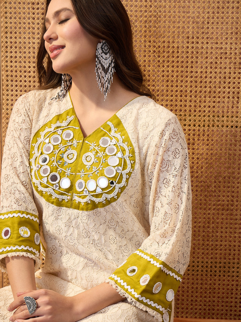 Cotton Schiffle & Mirror Work Tunic With Trouser Co-Ords Set