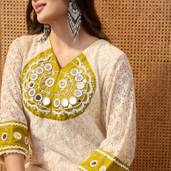 Cotton Schiffle & Mirror Work Tunic With Trouser Co-Ords Set