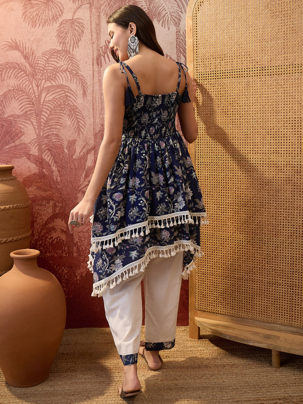 Floral Print Shoulder Straps A-Line Kurta With Palazzo Kurta Set