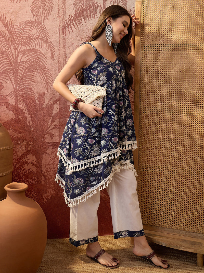 Rust Printed Shoulder Straps A-Line Kurta With Palazzo Kurta Set