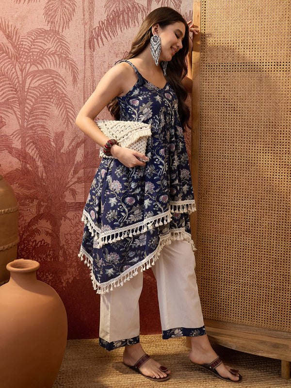 Floral Print Shoulder Straps A-Line Kurta With Palazzo Kurta Set