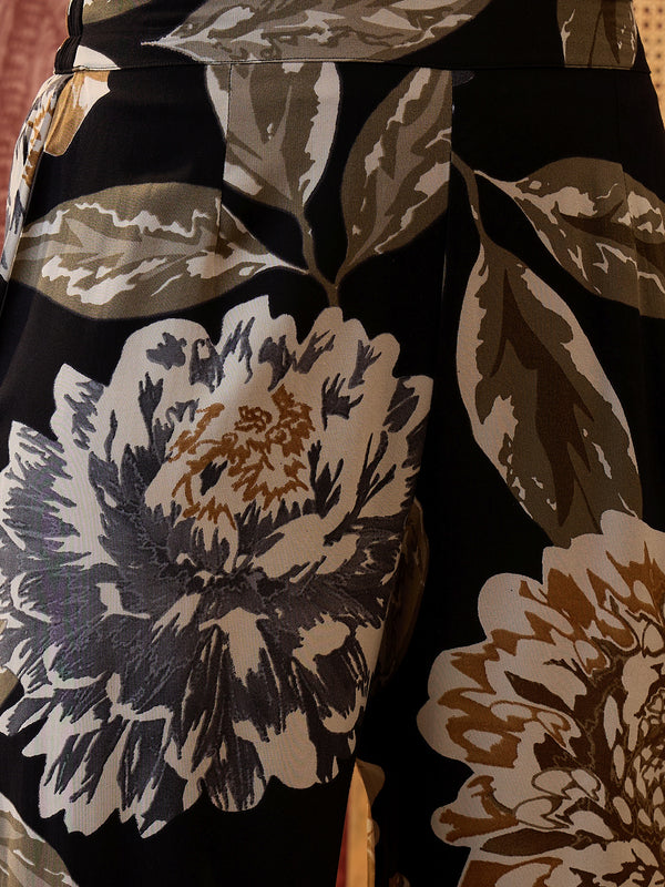 Black Floral Printed Shirt Collar  Pathani Kurta & Trousers Kurta Set