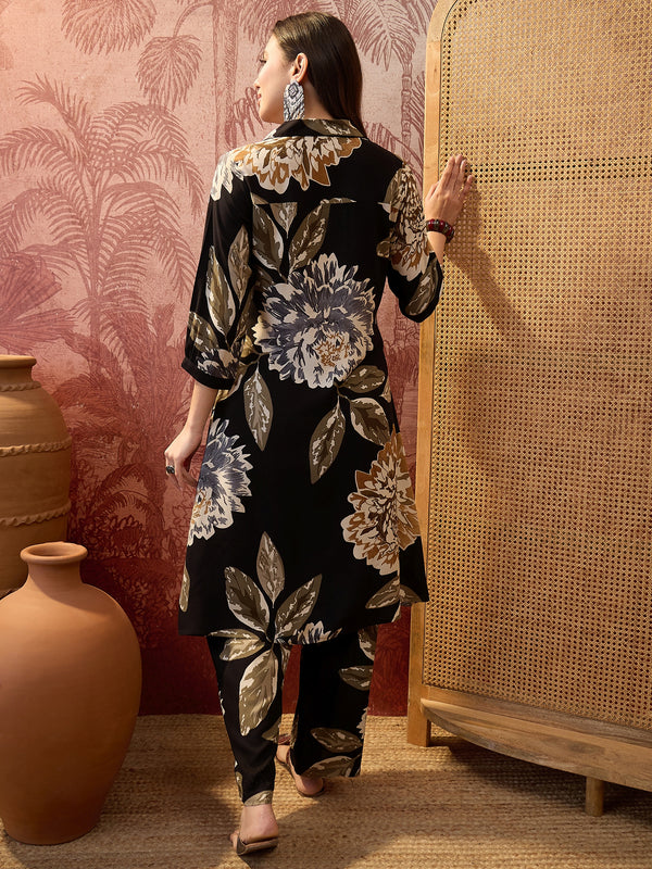 Black Floral Printed Shirt Collar  Pathani Kurta & Trousers Kurta Set