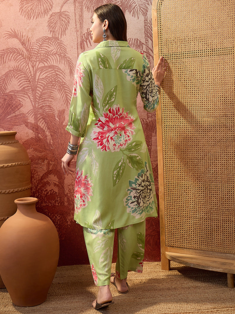 Floral Printed Shirt Collar  Pathani Kurta & Trousers Kurta Set