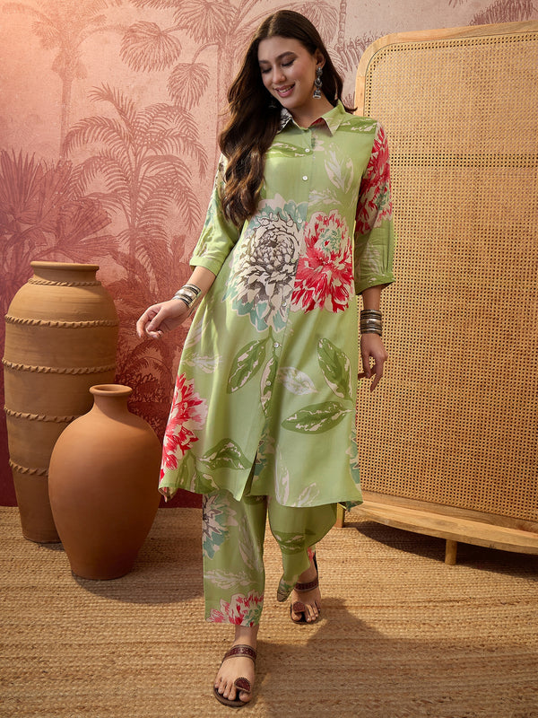 Floral Printed Shirt Collar  Pathani Kurta & Trousers Kurta Set