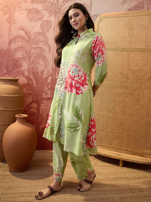 Floral Printed Shirt Collar  Pathani Kurta & Trousers Kurta Set