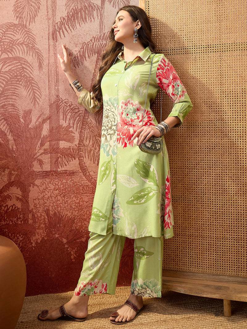 Floral Printed Shirt Collar  Pathani Kurta & Trousers Kurta Set