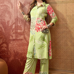 Floral Printed Shirt Collar  Pathani Kurta & Trousers Kurta Set