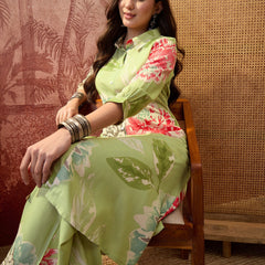 Floral Printed Shirt Collar  Pathani Kurta & Trousers Kurta Set