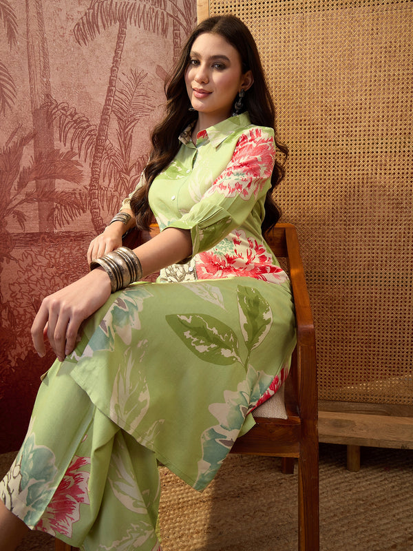 Floral Printed Shirt Collar  Pathani Kurta & Trousers Kurta Set