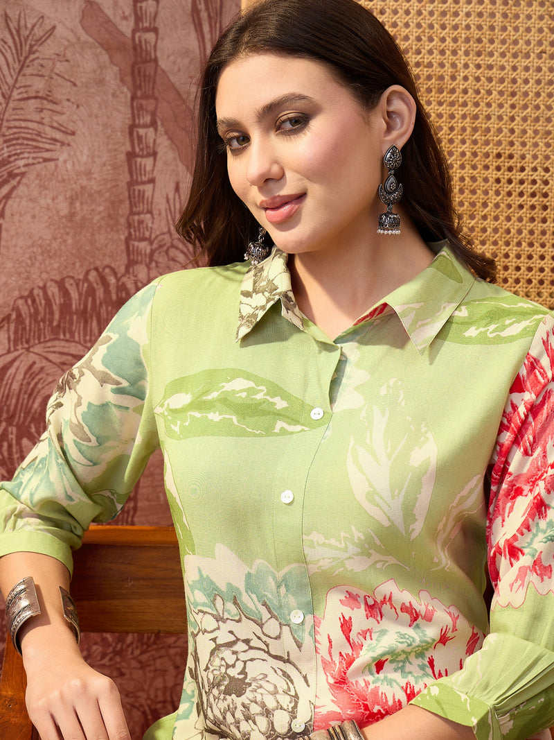 Floral Printed Shirt Collar  Pathani Kurta & Trousers Kurta Set